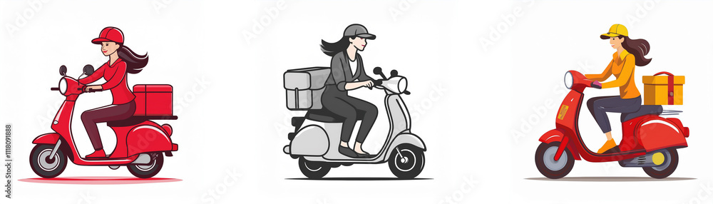 Three women on scooters, delivering packages. Red, gray, and red scooters with boxes. Speedy delivery service. Three women on scooters, delivering packages. Red, gray, and red scooters with boxes. Speedy delivery service.