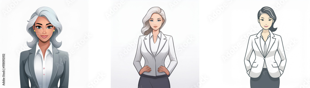 Three women, stylishly dressed in business attire, exude confidence and professionalism. Their hairstyles and poses vary, showcasing different personalities. Three women, stylishly dressed in business attire, exude confidence and professionalism. Their hairstyles and poses vary, showcasing different personalities.