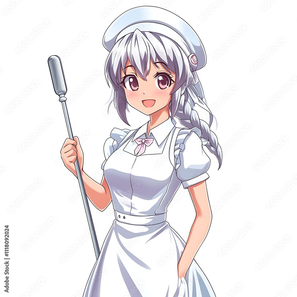 Anime-style staff member with a happy expression on a white background
