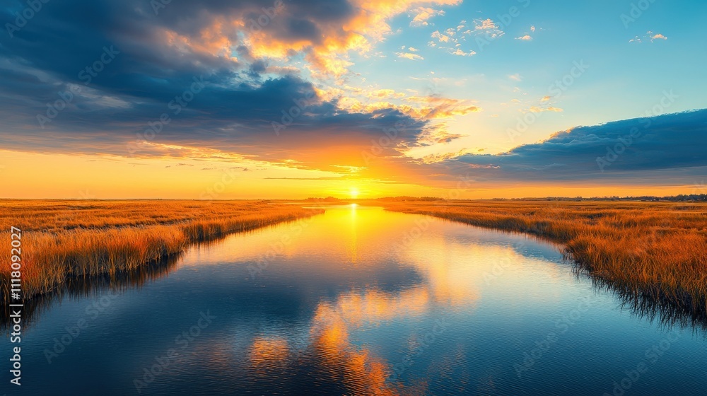 A tranquil sunset over a serene river, reflecting vibrant colors in the sky and surrounded by golden grasses.