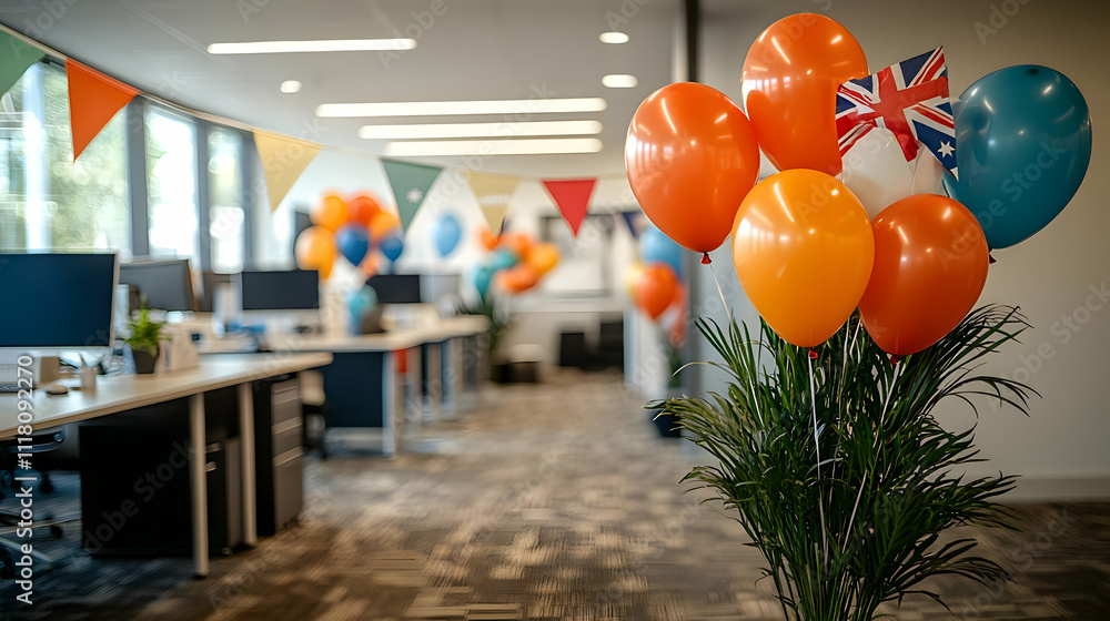 Fototapeta premium Business Australia Day Office Decor concept as Business office decorated for Australia Day with flags balloons and festive elements symbolizing national pride and team spirit with ample copy space. in