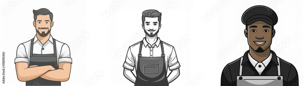 Three illustrations of men in aprons. One is light-skinned, one is dark-skinned, and one is grayscale. All appear friendly and approachable. Three illustrations of men in aprons. One is light-skinned, one is dark-skinned, and one is grayscale. All appear friendly and approachable.