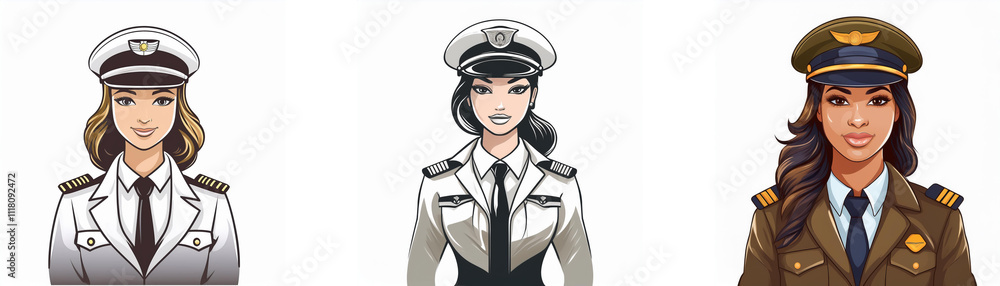 Three female officers in different uniforms; one in white, one in light gray, and one in brown, each with a unique hat. Three female officers in different uniforms; one in white, one in light gray, and one in brown, each with a unique hat.