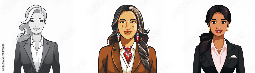 Three diverse women in business attire. One is blonde, one has long dark hair with native American inspired jewelry, and the last has dark hair in a ponytail. Three diverse women in business attire. One is blonde, one has long dark hair with native American inspired jewelry, and the last has dark hair in a ponytail.