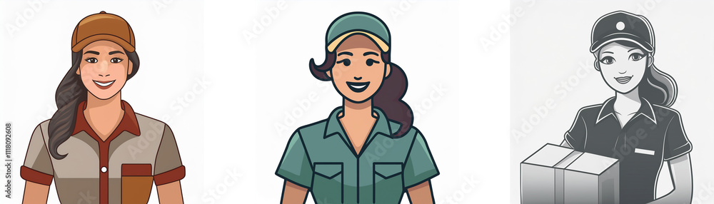 Three illustrations depict women in delivery uniforms; one in brown, one in teal, and one in grayscale. They wear caps and appear friendly and professional. Three illustrations depict women in delivery uniforms; one in brown, one in teal, and one in grayscale. They wear caps and appear friendly and professional.