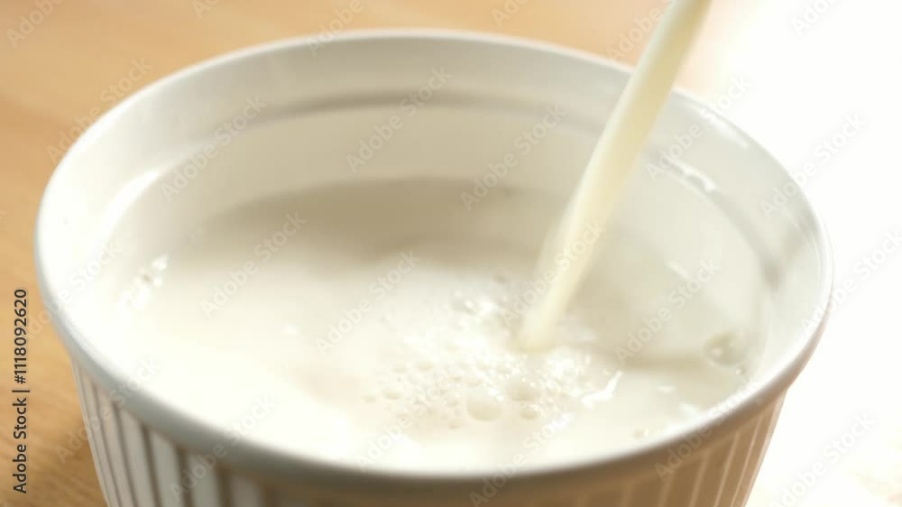 pouring milk into an empty white bowl pouring milk into an empty white bowl
