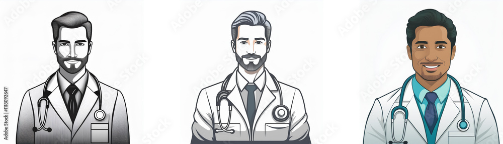 Fototapeta premium Three illustrations depict doctors of diverse ethnicities, each wearing a white coat and stethoscope. They represent healthcare professionals.