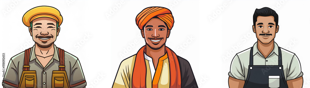 Three diverse men, each in unique attire, are shown in a simple, illustrated style. Their expressions are friendly and welcoming.