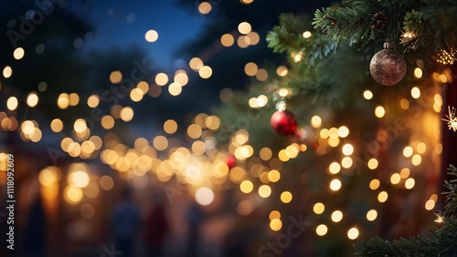 Detailed view of a Christmas tree with festive ornaments  in a bokeh atmosphere. photo