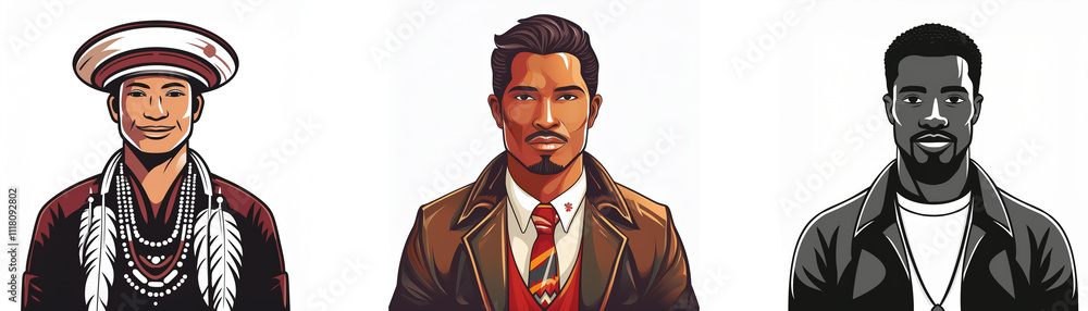 Three diverse male portraits in distinct styles: one in traditional attire, one in a suit, and one in monochrome. Three diverse male portraits in distinct styles: one in traditional attire, one in a suit, and one in monochrome.