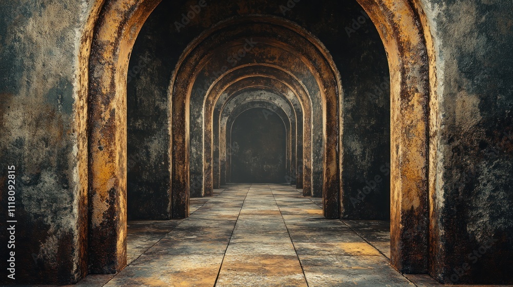 Obraz premium A dimly lit corridor with arched passageways and textured walls, evoking mystery.