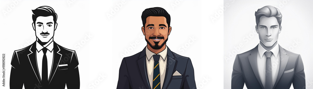 Three stylized illustrations of men in suits; one monochrome, one in color, and one grayscale. Each depicts a clean-cut, professional male. Three stylized illustrations of men in suits; one monochrome, one in color, and one grayscale. Each depicts a clean-cut, professional male.