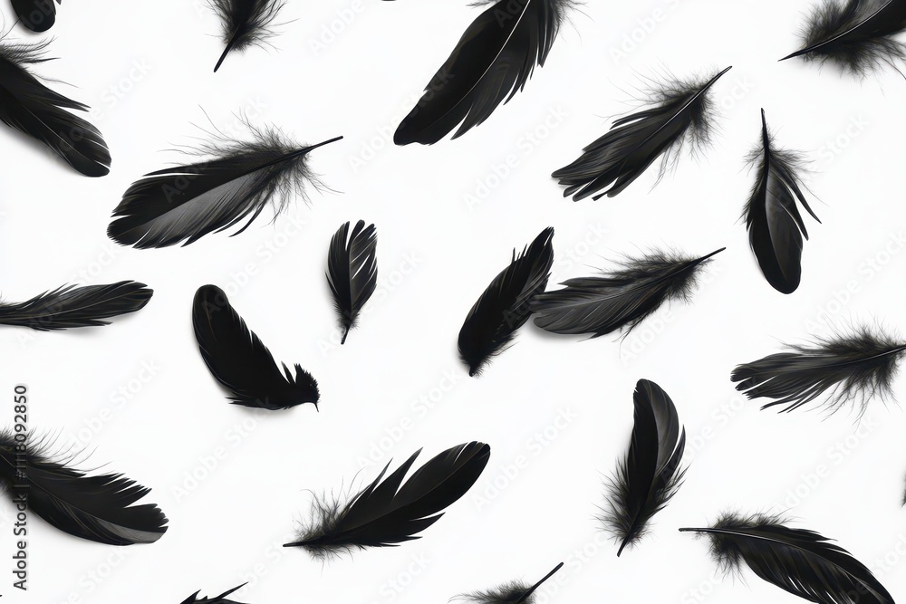 Black feathers floating in the air on a white background Black feathers floating in the air on a white background