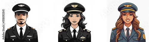 Three illustrated pilots in uniform. A man and two women, diverse in appearance, showcase professional attire.