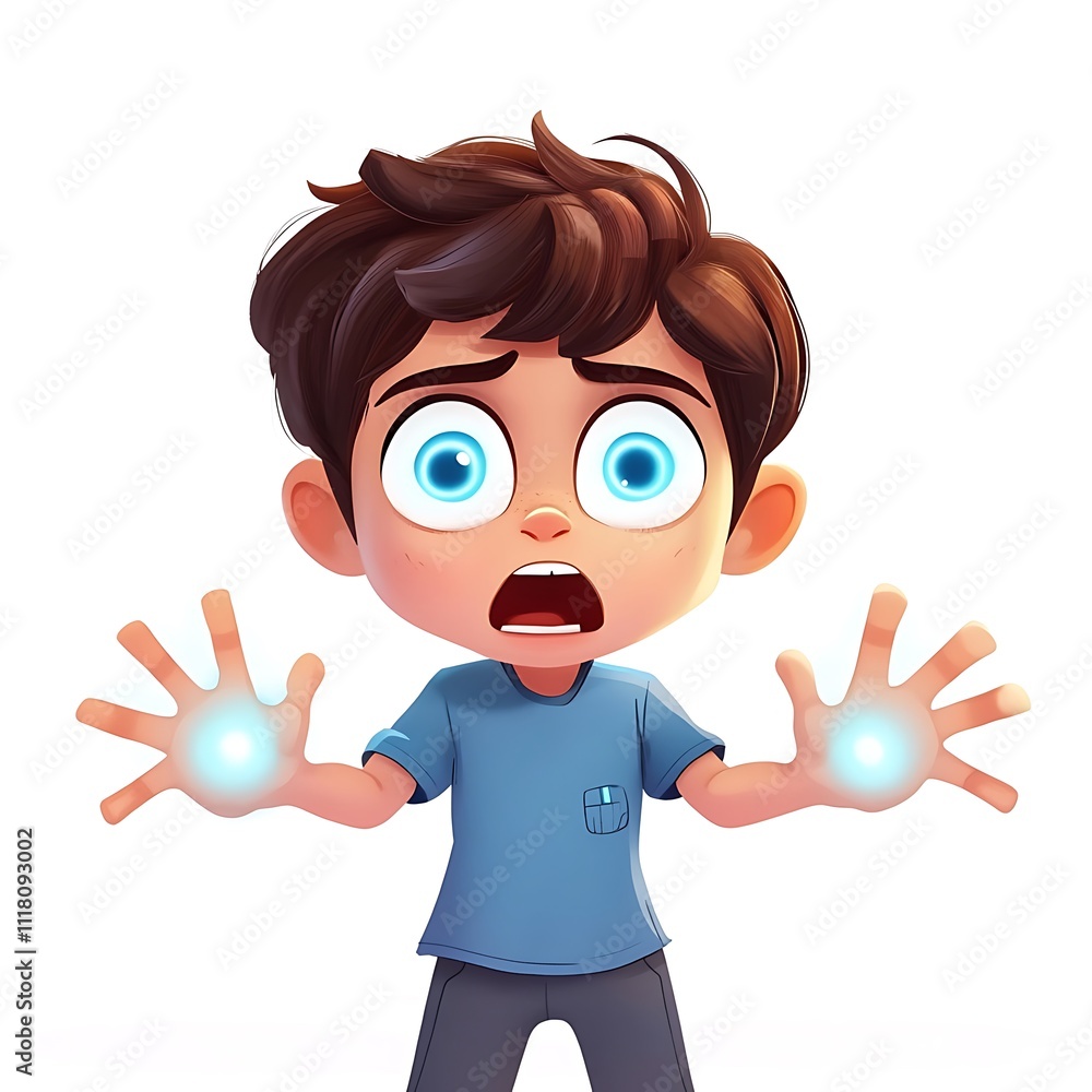 Cartoon character with psychic powers, glowing eyes and hands on a white background Cartoon character with psychic powers, glowing eyes and hands on a white background