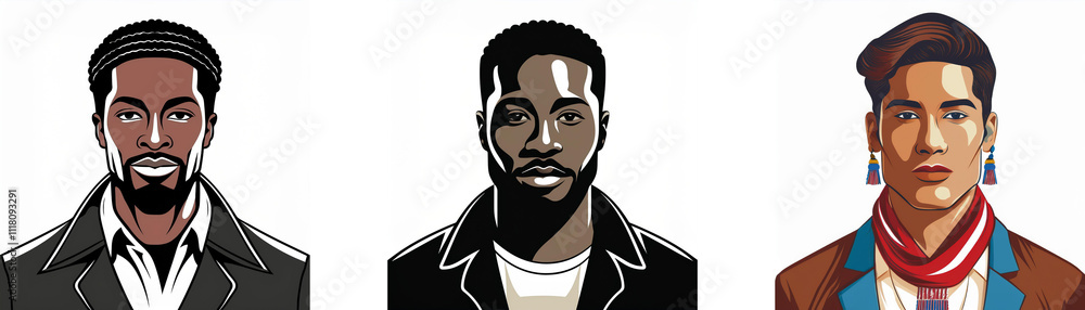 Three stylized portraits of men with diverse ethnicities and hairstyles. Each has unique clothing and facial features. Three stylized portraits of men with diverse ethnicities and hairstyles. Each has unique clothing and facial features.