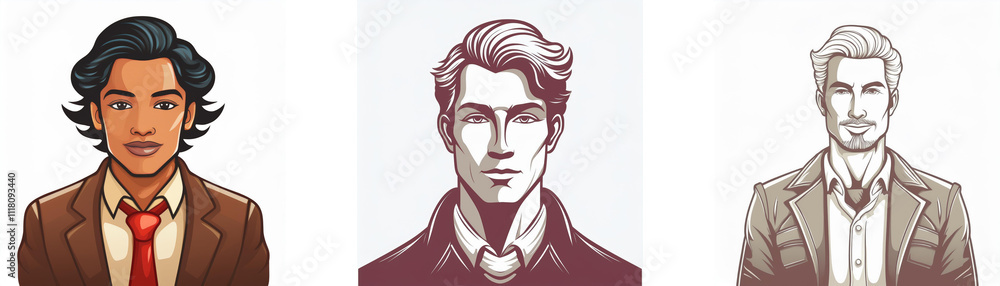 Three illustrated portraits of men in suits, showcasing diverse hairstyles and ethnicities. Stylish and sophisticated, each man exudes a unique personality. Three illustrated portraits of men in suits, showcasing diverse hairstyles and ethnicities. Stylish and sophisticated, each man exudes a unique personality.