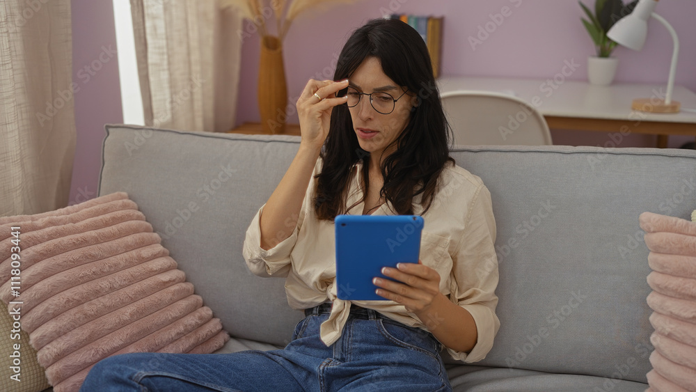 Young woman adjusting glasses reading from a tablet in a comfortable living room with pink cushions and a modern interior design Young woman adjusting glasses reading from a tablet in a comfortable living room with pink cushions and a modern interior design