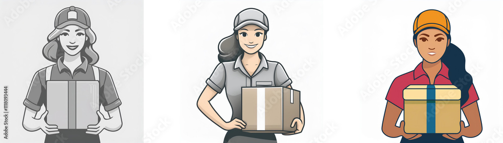 Three female delivery workers, each holding packages, shown in varying styles. One is grayscale, one is in color with a gray uniform, and another wears an orange cap and red shirt. Three female delivery workers, each holding packages, shown in varying styles. One is grayscale, one is in color with a gray uniform, and another wears an orange cap and red shirt.