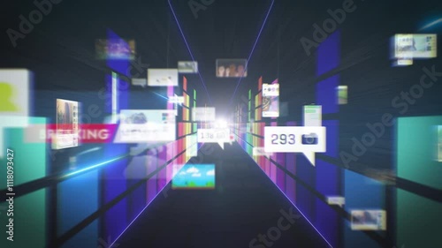 Animated 3D tunnel with digital content flying by, social media content, images and videos, media consuming