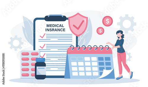 Employee benefits concept. Woman near huge medical insurance and calendar with holidays and vacations. Organizing effective work process, caring for workers. Flat vector illustration