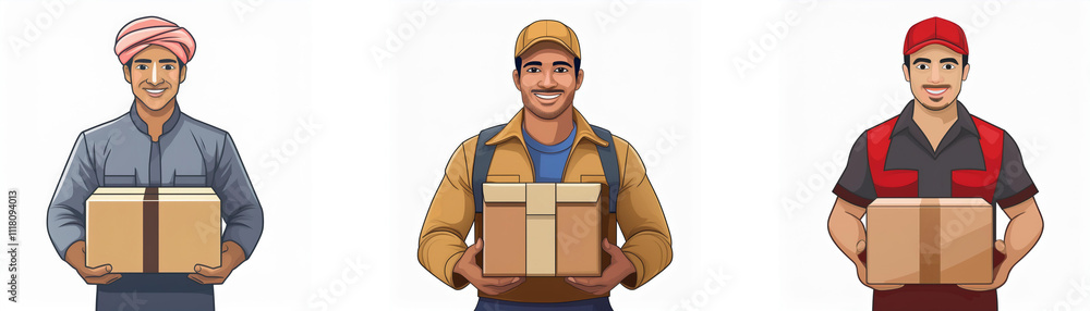 Three delivery men in diverse attire hold packages. They represent global delivery services. Three delivery men in diverse attire hold packages. They represent global delivery services.