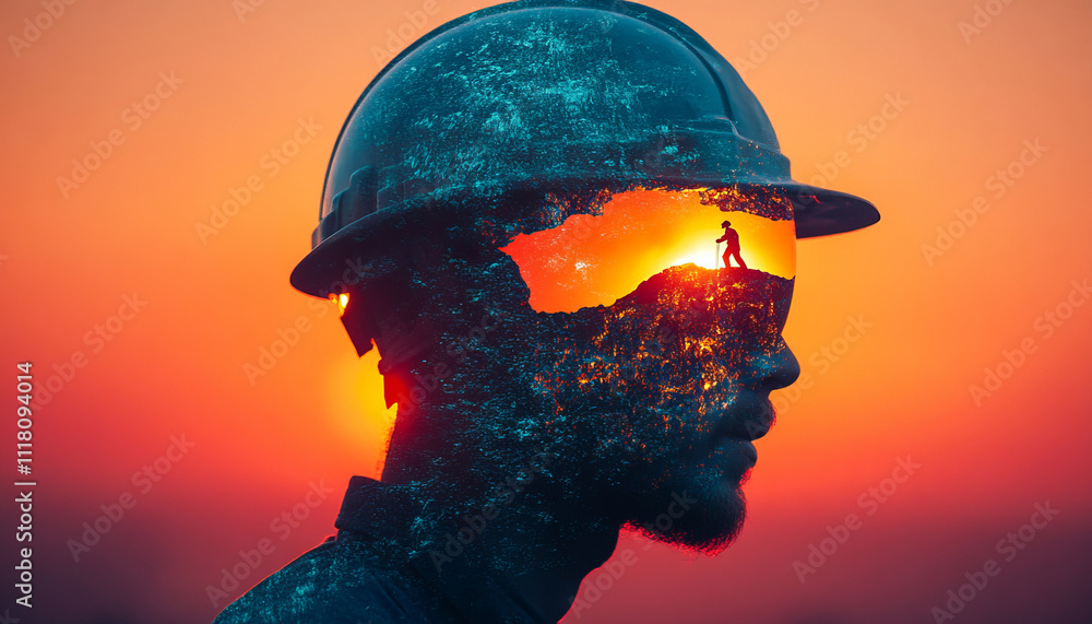 Surreal metal worker with helmet reflecting textured world at sunset Surreal metal worker with helmet reflecting textured world at sunset