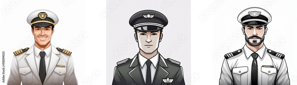 Three men in different military uniforms are shown. The first is a navy captain, the second an air force pilot, and the third an officer. Three men in different military uniforms are shown. The first is a navy captain, the second an air force pilot, and the third an officer.