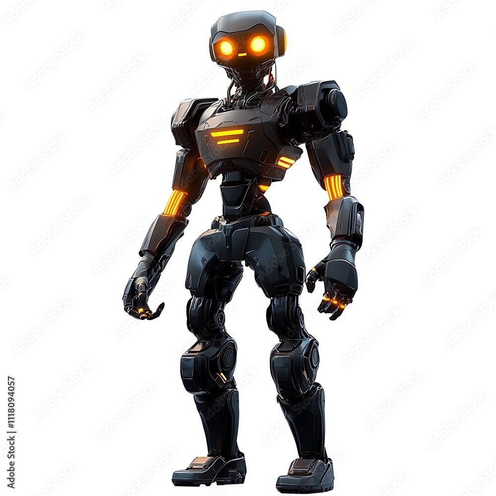 Gaming robot character with glowing eyes and mechanical limbs on a white background Gaming robot character with glowing eyes and mechanical limbs on a white background