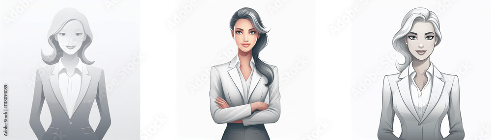 Three elegant women in grayscale business suits. Their postures convey confidence and professionalism. Three elegant women in grayscale business suits. Their postures convey confidence and professionalism.