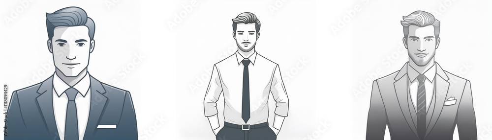 Three illustrations depict men in business attire. One wears a suit, another a shirt and tie, and the third a suit. They offer diverse hairstyles and expressions. Three illustrations depict men in business attire. One wears a suit, another a shirt and tie, and the third a suit. They offer diverse hairstyles and expressions.