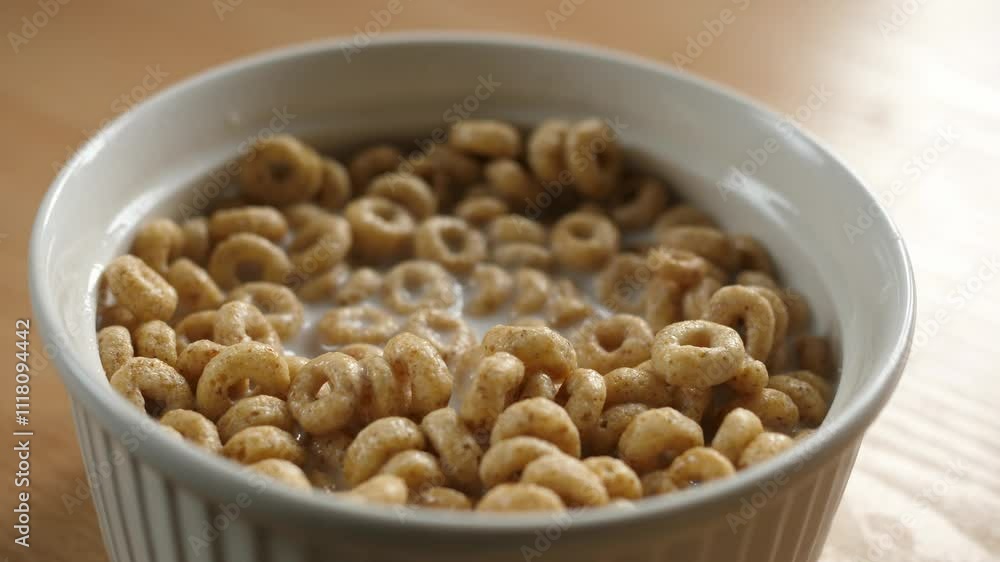 scooping honey cereal rings with a spoon from a bowl full of milk scooping honey cereal rings with a spoon from a bowl full of milk