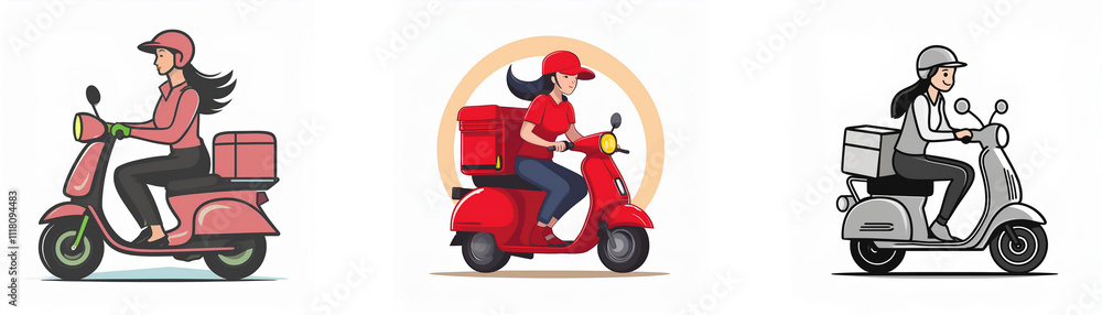 Three female delivery riders on scooters, each with a different colored vehicle and delivery box. One is pink, one is red, and one is gray. Three female delivery riders on scooters, each with a different colored vehicle and delivery box. One is pink, one is red, and one is gray.