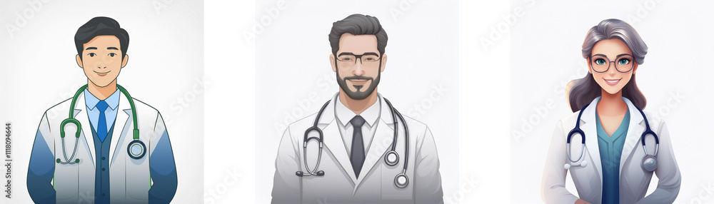 Three doctors, one man with beard, one woman with glasses, and one man with dark hair, are depicted in this illustration. They're all wearing white coats and stethoscopes. Three doctors, one man with beard, one woman with glasses, and one man with dark hair, are depicted in this illustration. They're all wearing white coats and stethoscopes.