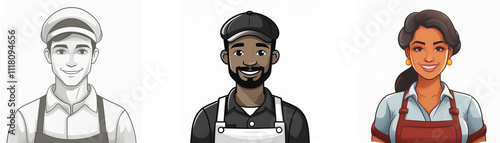 Three diverse cartoon illustrations of smiling people wearing aprons, suggesting a restaurant or food service setting.