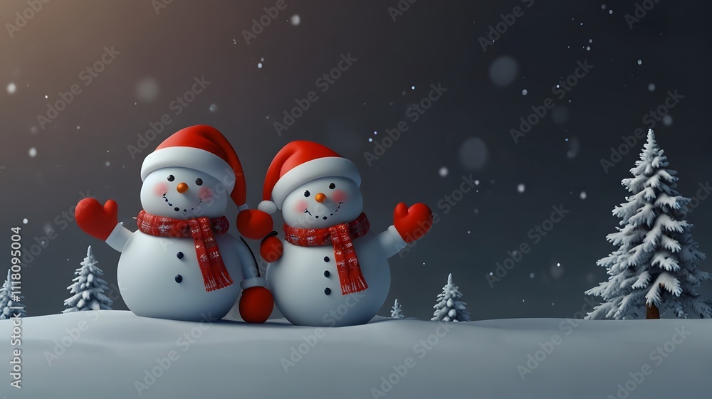 Fototapeta premium snowmen are standing in the snow with a snowman in the background.