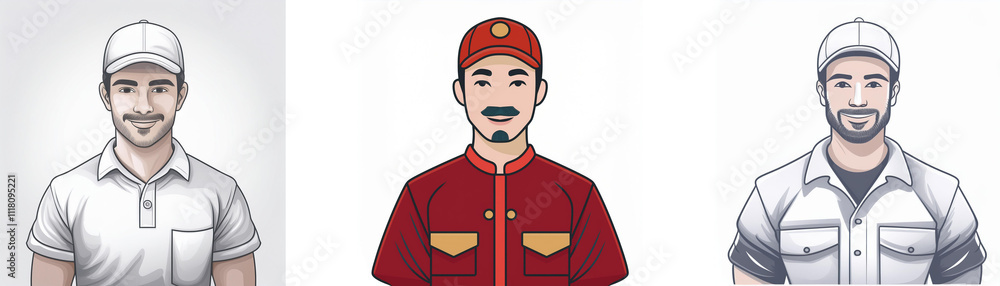 Three illustrated men, each wearing different work uniforms: white polo shirt, red collared shirt, and a white work shirt. They're depicted from the chest up, with neutral expressions. Three illustrated men, each wearing different work uniforms: white polo shirt, red collared shirt, and a white work shirt. They're depicted from the chest up, with neutral expressions.