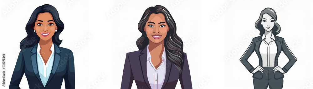 Three illustrations of a businesswoman. One in color, one in color with a different pose, and one grayscale. All showcase professional attire and confident expressions. Three illustrations of a businesswoman. One in color, one in color with a different pose, and one grayscale. All showcase professional attire and confident expressions.
