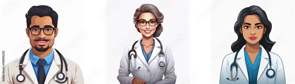 Three diverse doctors, two women and one man, wear white coats and stethoscopes. They represent healthcare professionals. Three diverse doctors, two women and one man, wear white coats and stethoscopes. They represent healthcare professionals.