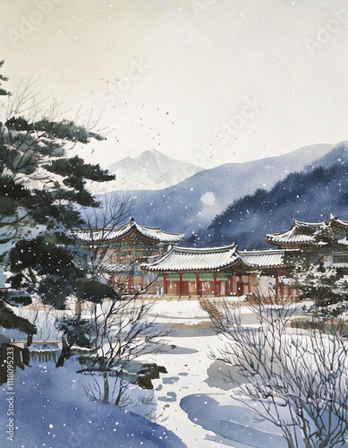 한국 전통 건축이 있는 겨울 수묵담채화 풍경