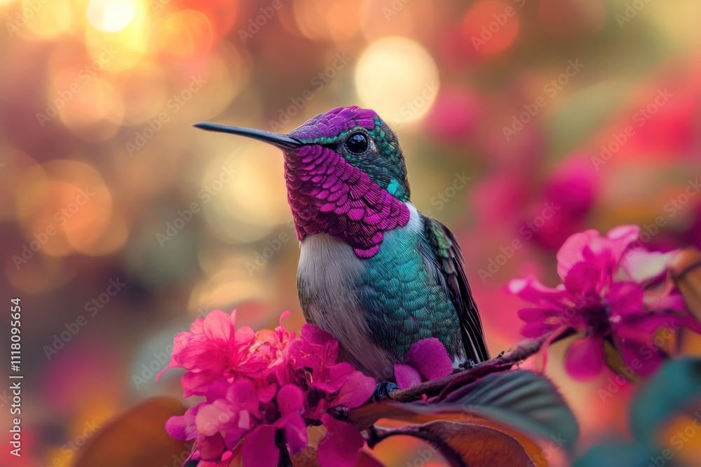 Naklejka premium Hummingbird Perched on a Branch of Pink Flowers