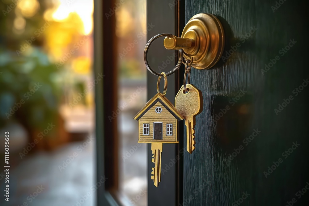Golden house key chain hangs on dark green door. Blurred interior background suggests new home concept. Keys, miniature house symbolize homeownership. Image suitable for real estate advertisement. Golden house key chain hangs on dark green door. Blurred interior background suggests new home concept. Keys, miniature house symbolize homeownership. Image suitable for real estate advertisement.