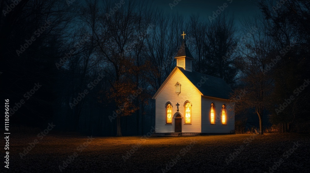 A small, illuminated church stands alone in a dark forest at night. (1) A small, illuminated church stands alone in a dark forest at night. (1)