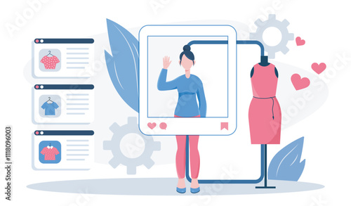 Fashion blogging concept. Woman stands near dress on mannequin in front of camera. Popular blogger records interesting content for social networks and video hostings. Flat vector illustration
