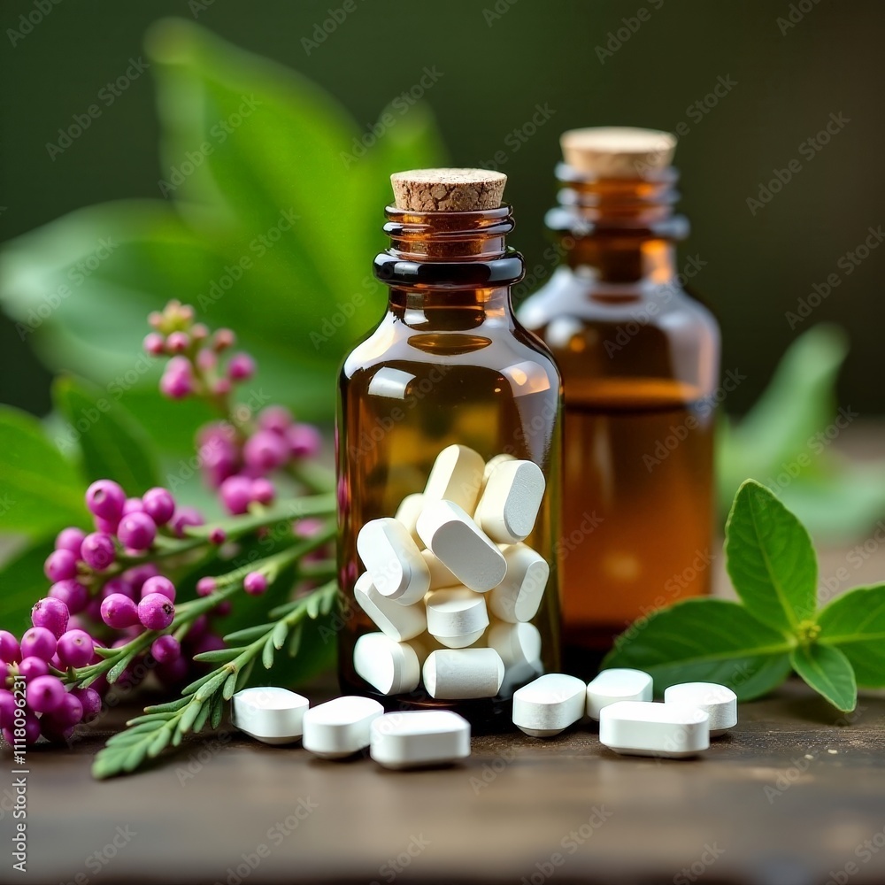 Aromatic Herbal Remedies: Bottles of Herbal Extracts and Natural Tablets on Wood Aromatic Herbal Remedies: Bottles of Herbal Extracts and Natural Tablets on Wood