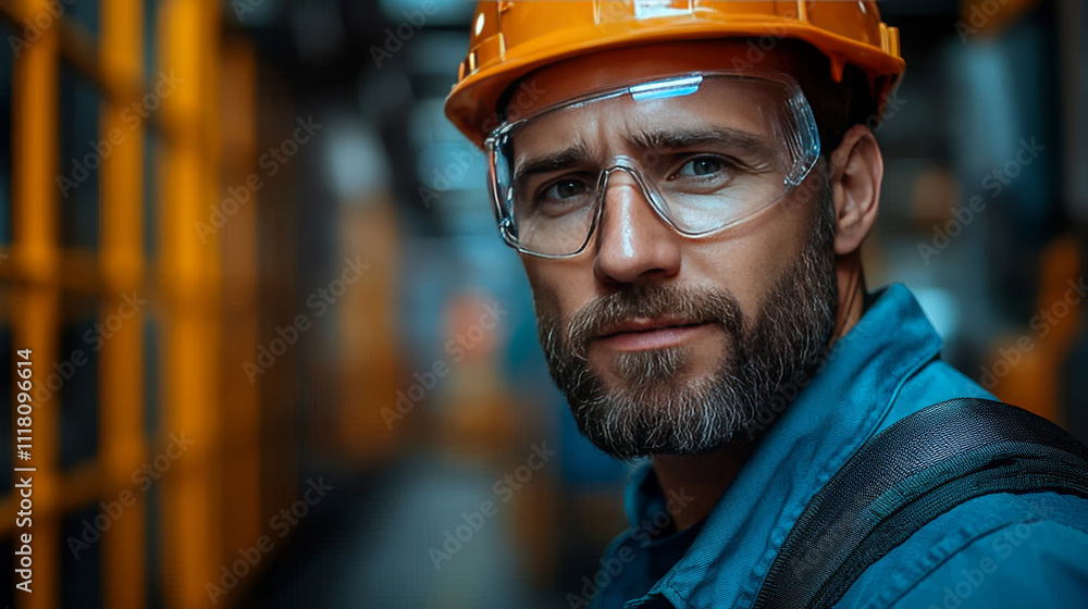 Close-up of a man with a beard, dressed in a dark blue work jacket, orange hard hat and safety glasses against the background of industrial equipment at the factory. Close-up of a man with a beard, dressed in a dark blue work jacket, orange hard hat and safety glasses against the background of industrial equipment at the factory.