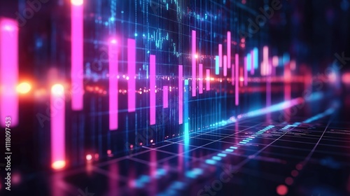 Abstract financial graph displays colorful bars, lines. Glowing data trends show market analysis. Fluctuating metrics create dynamic pattern. Insightful data review for performance overview. Modern