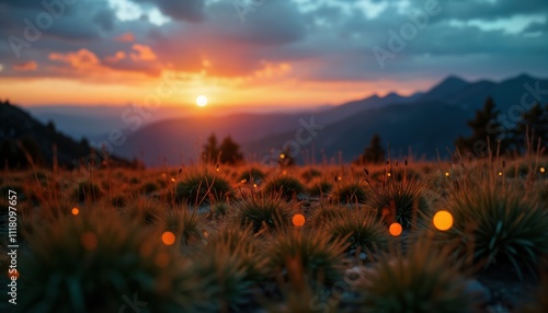 Scenic mountaintop landscape at sunset. Thin air still before cool katabatic winds begin to form. Beautiful colors of setting sun paint distant mountain range. Dense grass covers high altitude photo