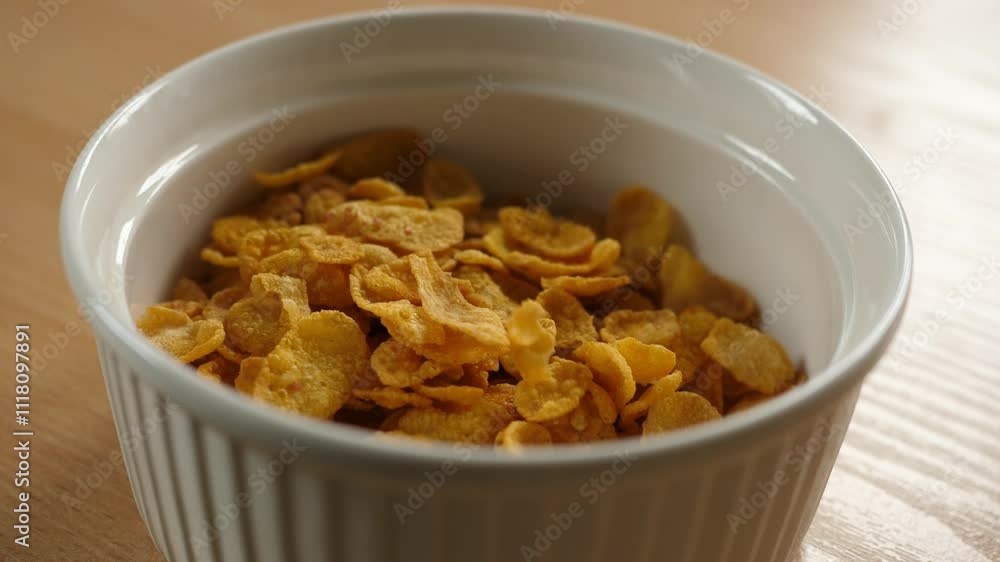 pouring cornflakes into an empty white bowl pouring cornflakes into an empty white bowl