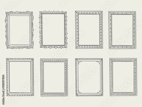 hand drawn doodle photo frames, cute hand drawn painting frame, picture framing borders with decorative elements.